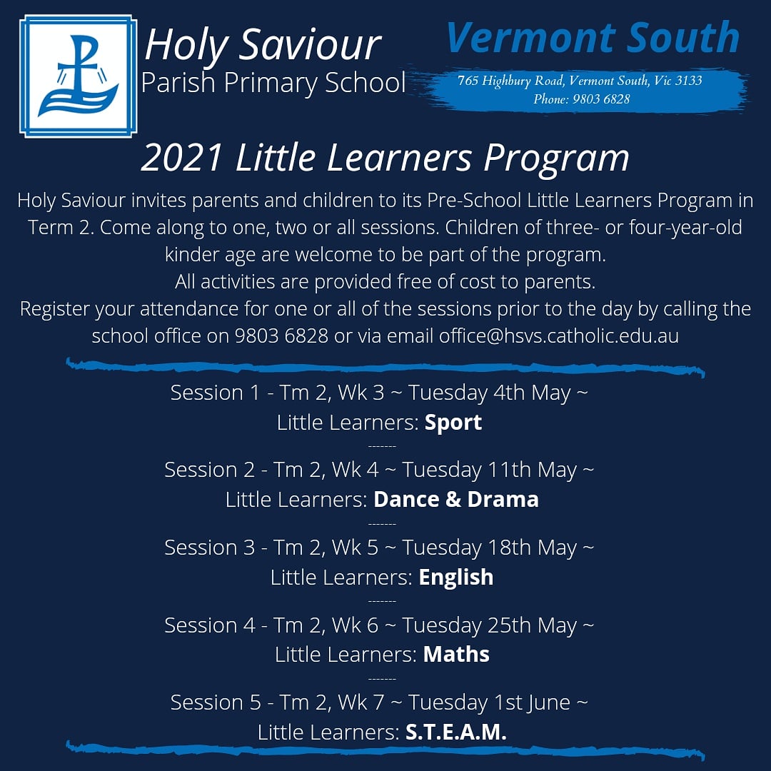 HolySaviourPS's tweet photo. We invite all 3 & 4 yr old Kinder children to attend our 2021 Little Learners Program. Come & see what Holy Saviour has to offer you & your child! @CEMelbourne #Enrolments #hsvs #monashcouncil #cityofmonash #whitehorsecc #ourcatholicschools #primaryschool
#school #vermontsouth https://t.co/p3VgzV7GNl