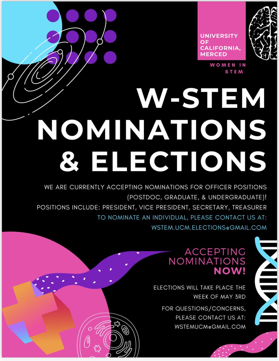 wstem_UCMerced's tweet photo. it’s that time! We are taking nominations NOW for W-STEM officers (at all levels). Elections will be held at the end of the semester, so get your nominations in now!! 🧠🧬🥼🤍 https://t.co/nU3nZTCEc2 https://t.co/uWZTgWywmV