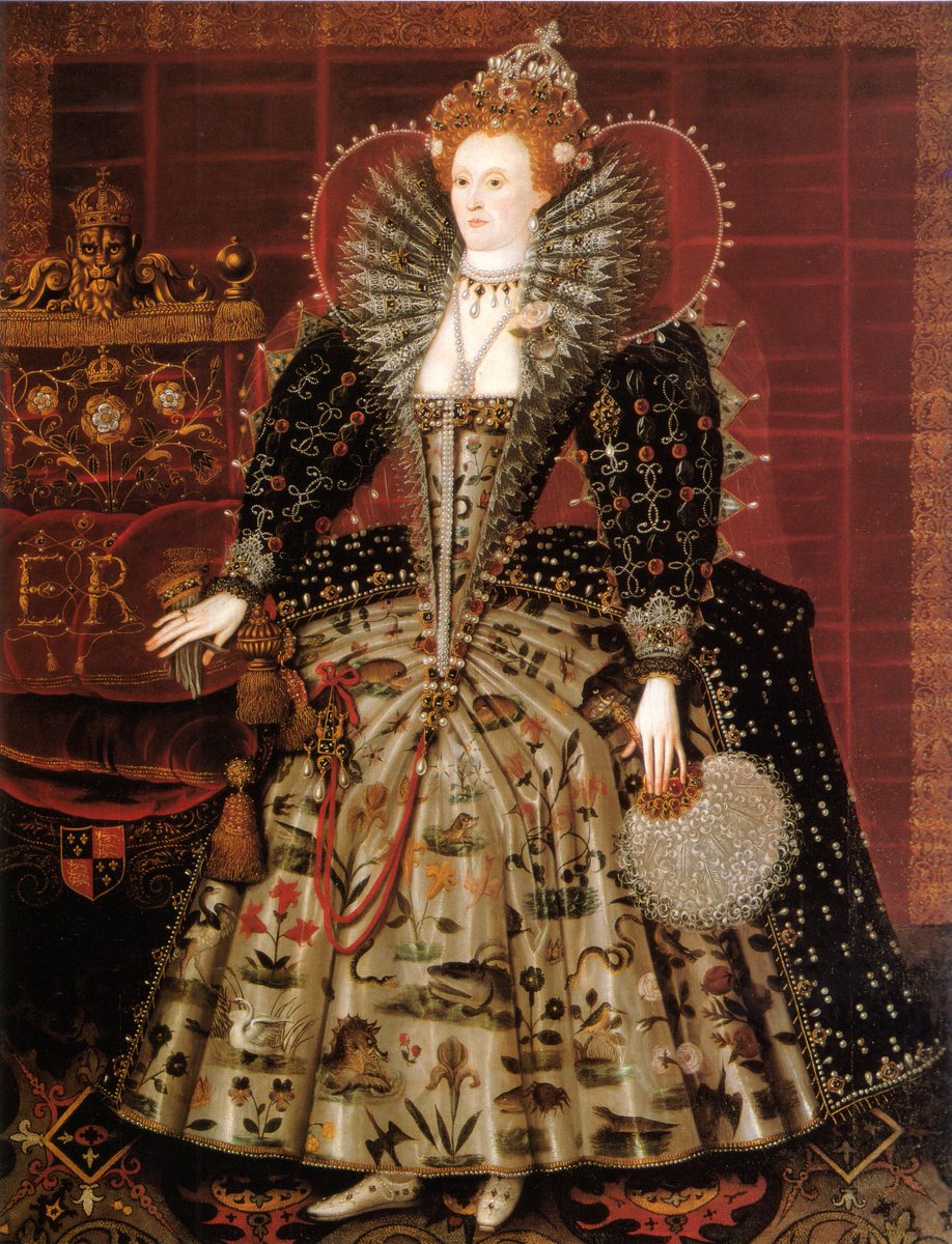 24 - Portraits were guarded and replicated -- Gloriana was big business. She was the virgin queen & goddess of love; a demure maiden & a warlike conqueror.This (SUPER EXTRA) portrait is my favorite b/c it hung at Bess of Hardwick's. Lizzy may never have seen it...