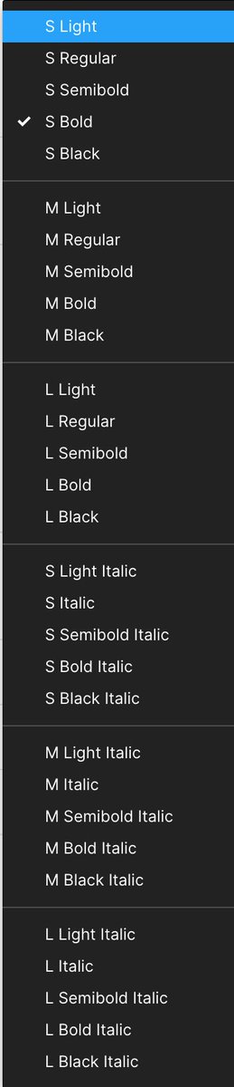 Using  @figmadesign to prototype Dupincel's hotsite, I reached Font Separation Nirvana. With a hot tip from  @mekkablue I split Small/Medium/Large optical sizes in 3 different width classes and everything works quite nicely. Figma separates italics from romans in a neat way as well