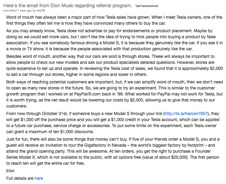 2. TeslaAgain, ‘The Technoking of Tesla’ aka  @elonmusk in the referral musk.They gave away money at PayPal…why not Tesla too?Tesla gave away $1000 per successful referral, access to exclusive events, and a “founder series” Model X.