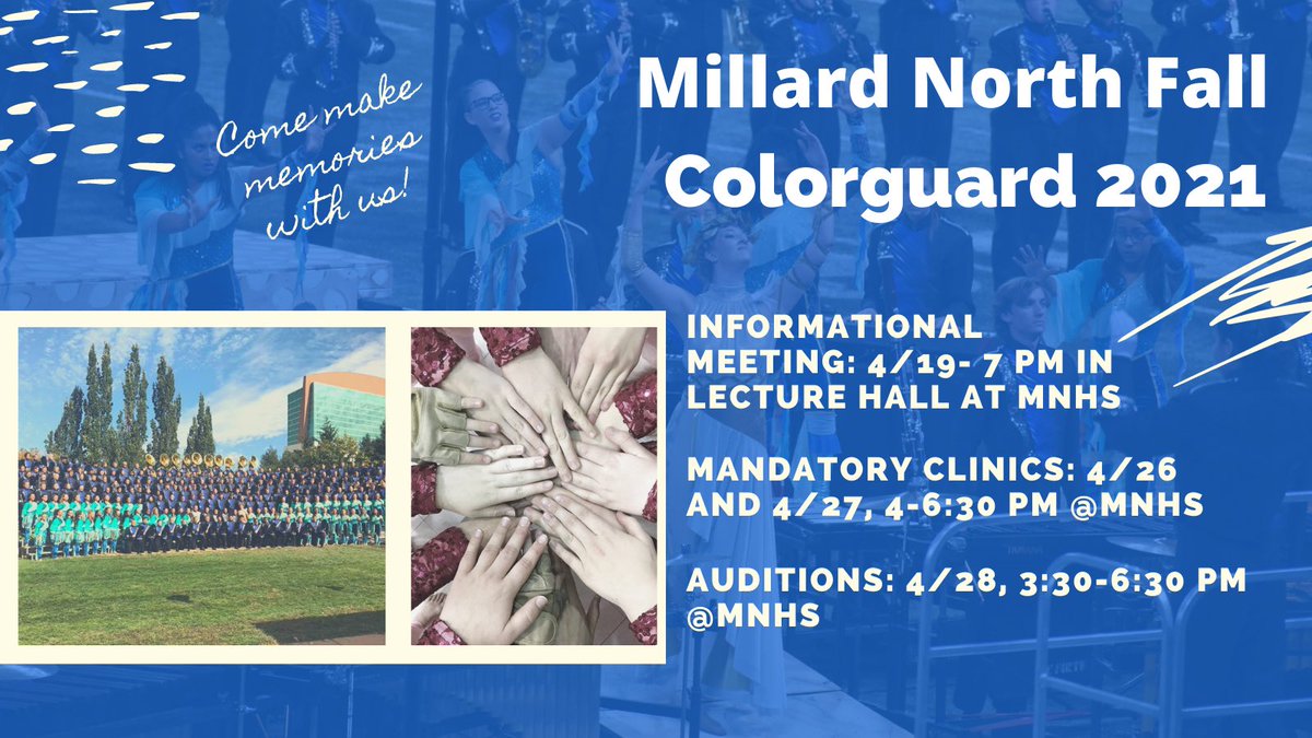 MNColorguard's tweet photo. Missed the meeting but still want to audition?! No worries! Email amgoodman@mpsomaha for info! We hope you can join us! @MNHS_Band @MPS_Kiewit @NMS_Mustangs @MillardNorthHS https://t.co/E5OLNQFrls