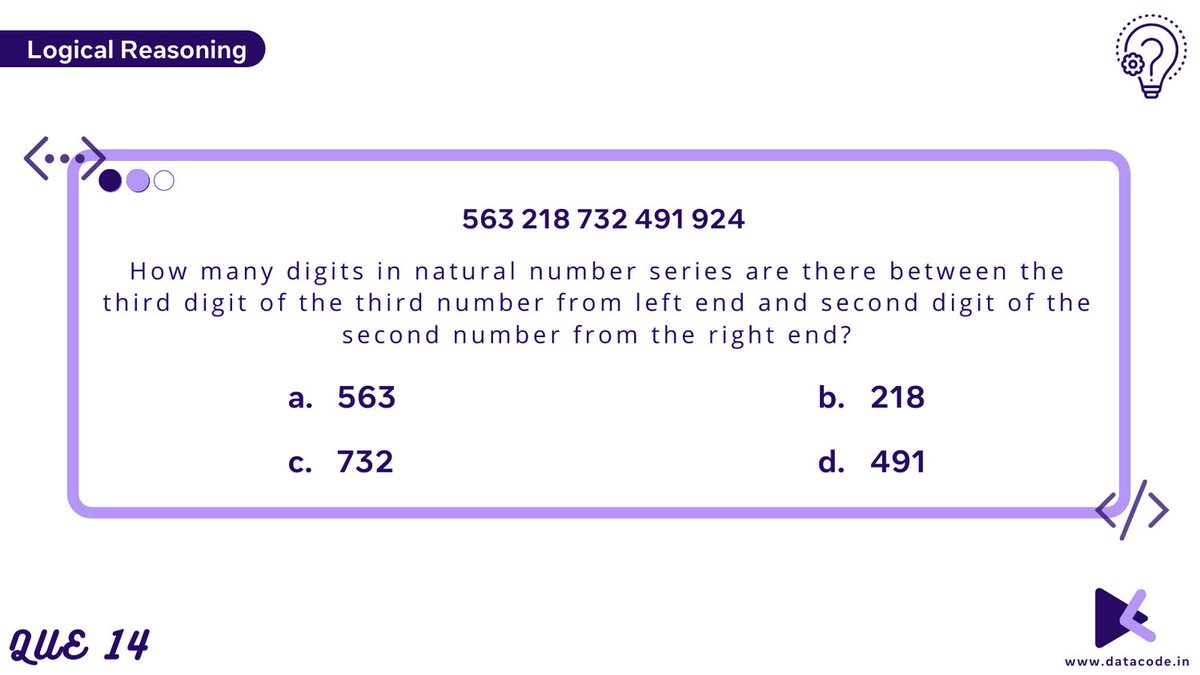 Logical Reasoning Question No: 14

Comment down your answer below

Want to find more content for your placement preparation?
visit

datacode.in

#datacode #logicalreasoning #logicalreasoningquiz #webdevelopment #placementpreparation #coding #javascript #html