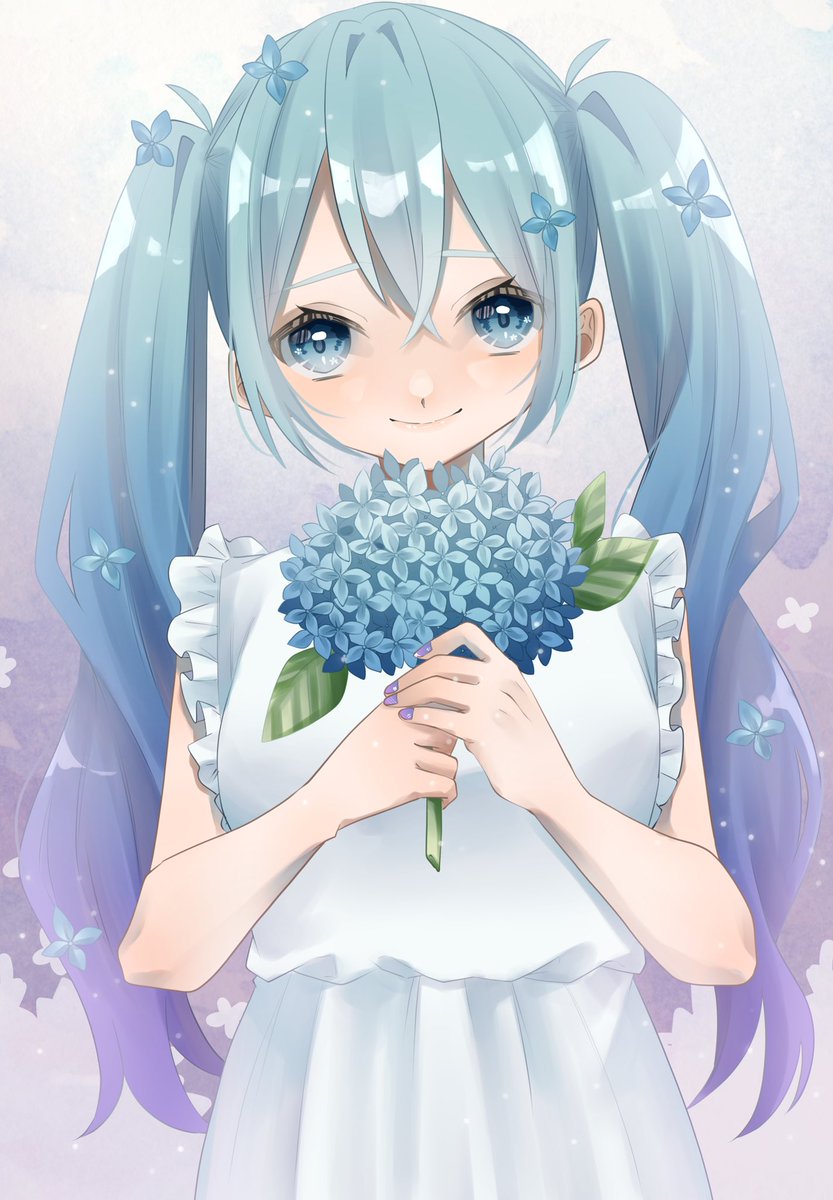 hatsune miku 1girl flower solo twintails holding dress long hair  illustration images