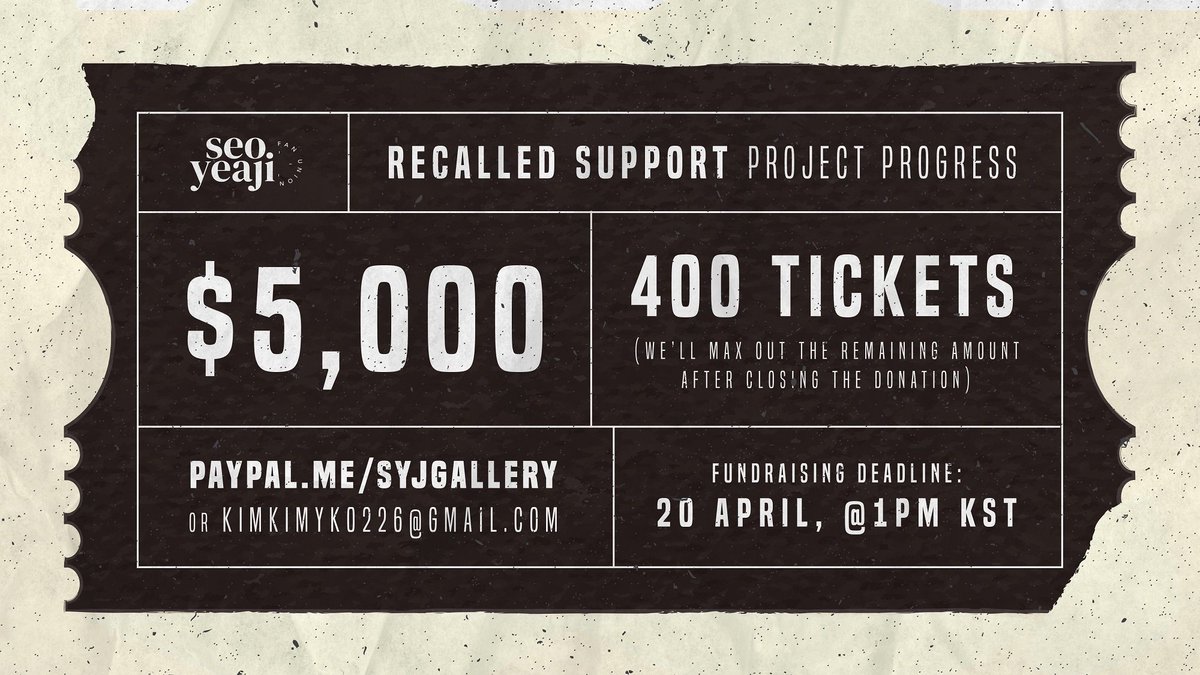 RECALLED SUPPORT
FUNDRAISING PROGRESS
—
So far we have raised $5000 and have bought 400 movie tickets. We'll max out the remaining funds after closing the donation.

🔗 paypal.me/syjgallery
🕓 2 hours left before donation closes

#RECALLED #내일의기억