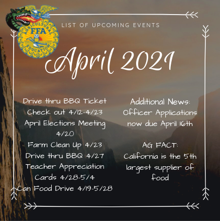 Here's a list of all April events! we hope that you guys can attend these activities! Sorry for the late activity announcement post! #striveforsucuess #FFA #DeltaCharter