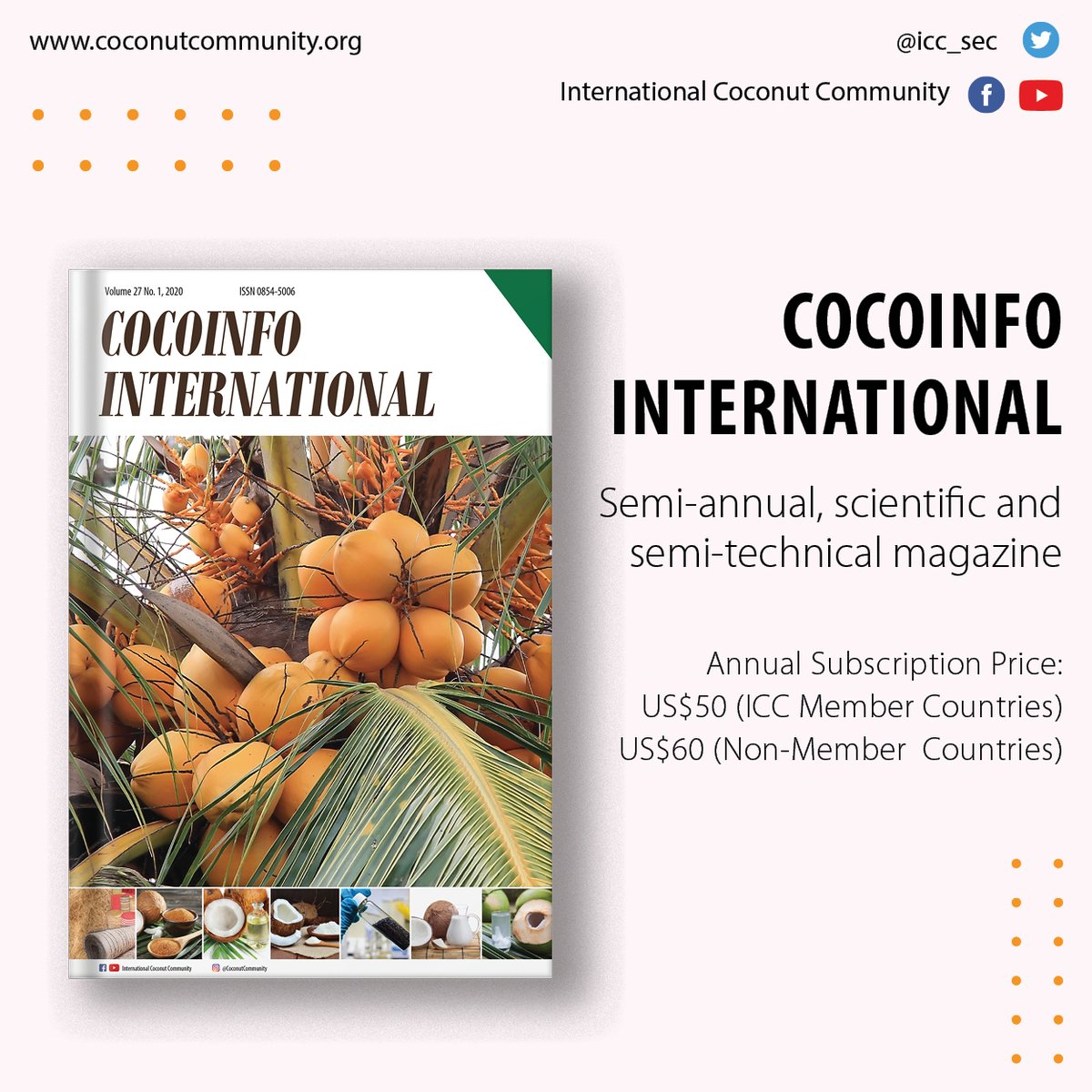 icc_sec's tweet photo. ICC Publications You Can Get!
.
#coconut #coconuts #magazine #publication #research #trade #directory #journal #article #read #book #newsletter #scientific #statistic #yearbook #subscription #ebook #printed
.
#GoCoconut #internationalcoconutcommunity https://t.co/O82JDmw6do
