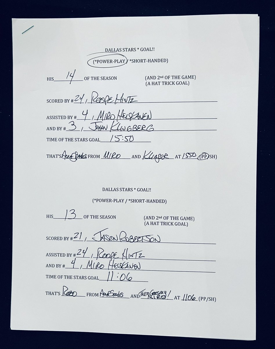 jeffk_stars's tweet photo. Tonight’s PA goal sheet features the latest tallies from #24 & #21. Bidding starts at $20 (in comments) and ends at 11:00pm. I’ll DM highest bidder who THEN must donate to @DS_Foundation to receive sheet. #DETvsDAL #AceOfSpades #RoboForCalder #Kscratch #GoStars https://t.co/kDRdFUZHsM