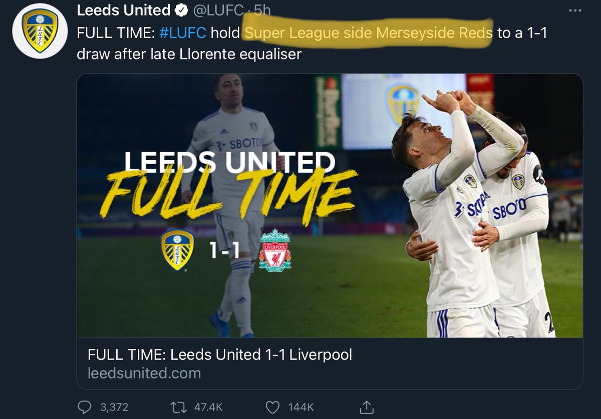 football_nerd01's tweet photo. 🤣 nice banter by @LUFC and trading a targeted 🎯 insult at the red Merseysiders 

#SuperLeague #SuperLeagueOut https://t.co/u4co8qNZ7k
