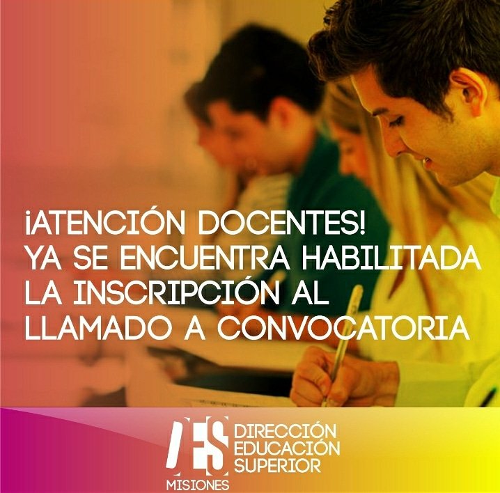 ¡Atención docentes! Llamado a convocatorias para el Nivel Superior. Inscribirse a: des.cge.misiones.gob.ar/convocatoria/ 
<a href="/herrerayflia/">Oscar Herrera Ahuad</a> <a href="/passalacquaok/">Hugo Passalacqua</a> <a href="/jalbertogalarza/">Juan Alberto Galarza</a> <a href="/cjdechat/">Christian Dechat</a> <a href="/grillo141/">Ruben Dario</a> <a href="/fabianchilipank/">Fabian Chilipanka</a> <a href="/udpm_misiones/">UDPM</a> <a href="/oviedo_luis/">Luis H Oviedo</a> <a href="/mhlton/">Marian Luty</a> <a href="/BerentEma/">Ema Berent</a>