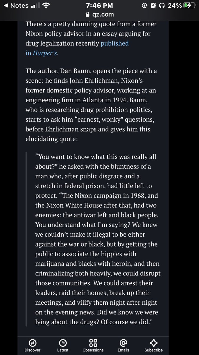 Black people have been deliberately targeted with drug arrests for a while. Admitted to by Nixon’s domestic policy advisor  https://qz.com/645990/nixon-advisor-we-created-the-war-on-drugs-to-criminalize-black-people-and-the-anti-war-left/amp/?__twitter_impression=true