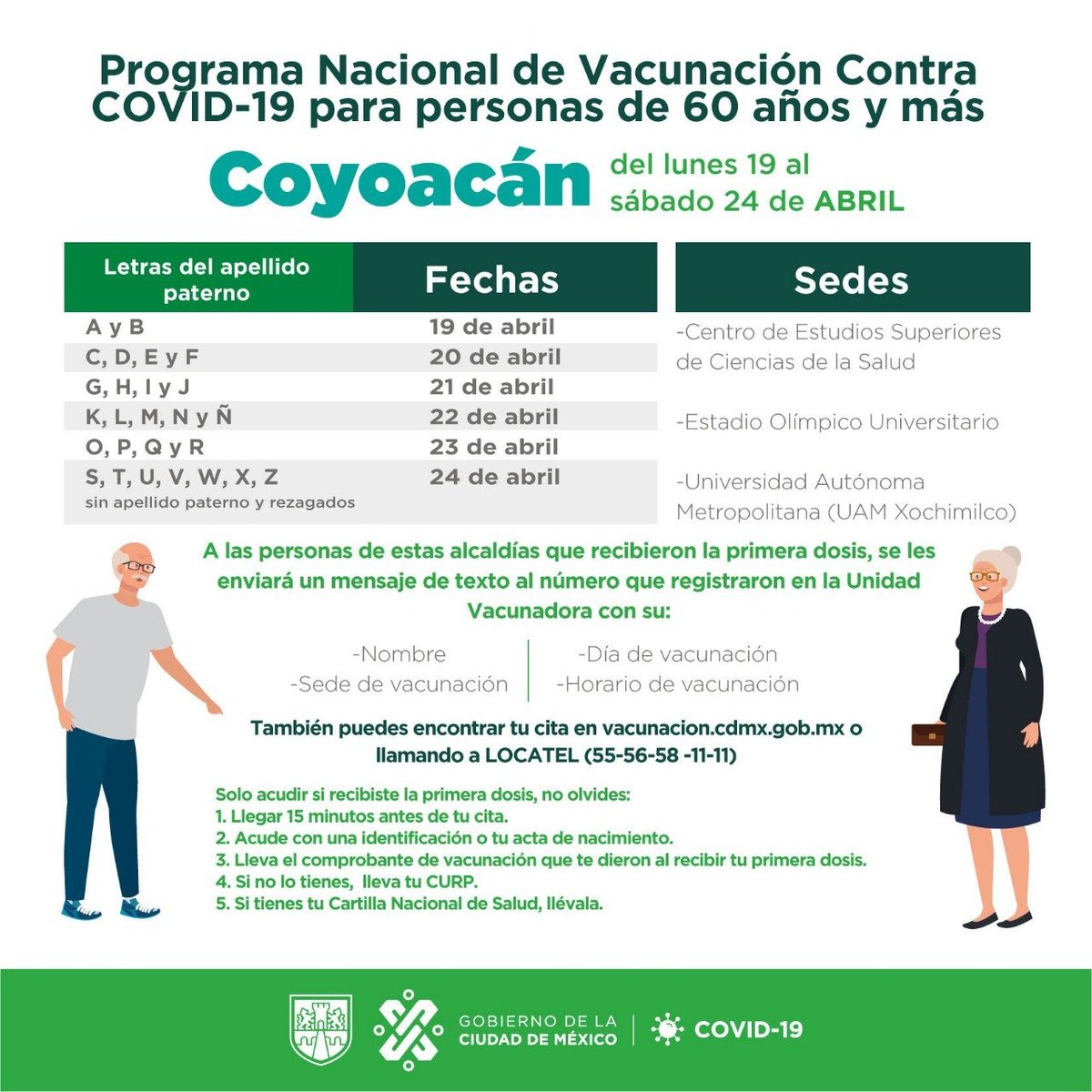 GobCDMX's tweet photo. Continúa el Programa Nacional de Vacunación para personas adultas de 60 años o más 👵👴 en:

📍 Coyoacán, en 3 macrounidades vacunadoras
📍 Venustiano Carranza, 2 macrounidades

👁‍🗨 Consulta y respeta el horario de tu cita: ℹ️➡️ https://t.co/fMtLFUSKgn https://t.co/oBiZXSgccr