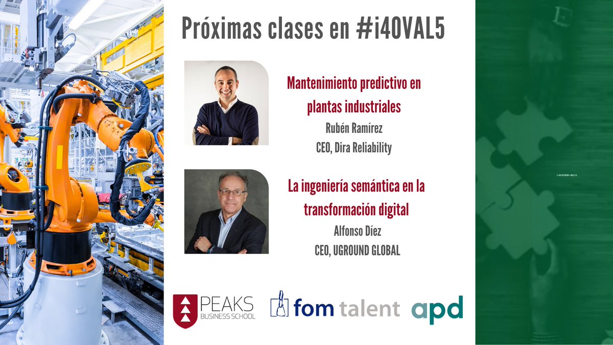 📢Próximas clases en el Máster Industria 4.0 Valencia, #i40VAL5
✔️23/4-Mantenimiento predictivo en plantas industriales con <a href="/RubenRamis/">Rubén Ramírez</a>, CEO de <a href="/Dirareliability/">Dira | Mantenimiento Predictivo</a> 
✔️24/4-La ingeniería semántica en la transformación digital con <a href="/desflever/">Alfonso Díez</a>, CEO de <a href="/UgroundGlobal/">UGROUND</a>  
📍<a href="/peaksbusiness/">PEAKS Business School</a>