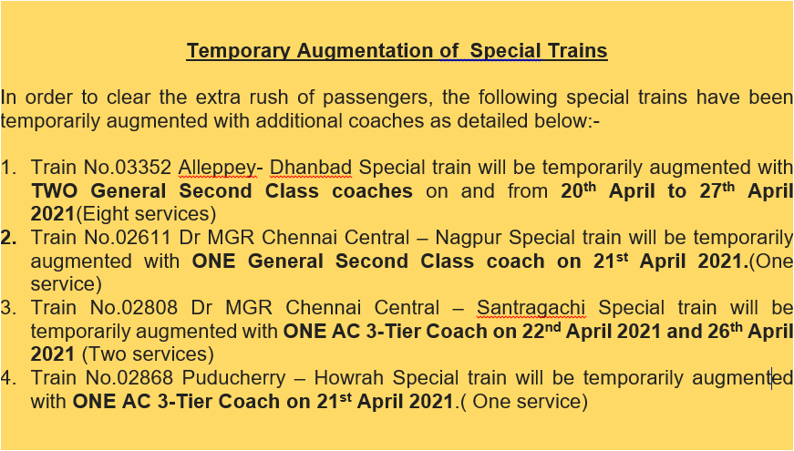 Southern Railway (<a href="/GMSRailway/">Southern Railway</a>) will run special trains or add additional coaches to existing trains to clear the rush of #migrantworkers wanting to go home, said a senior official.