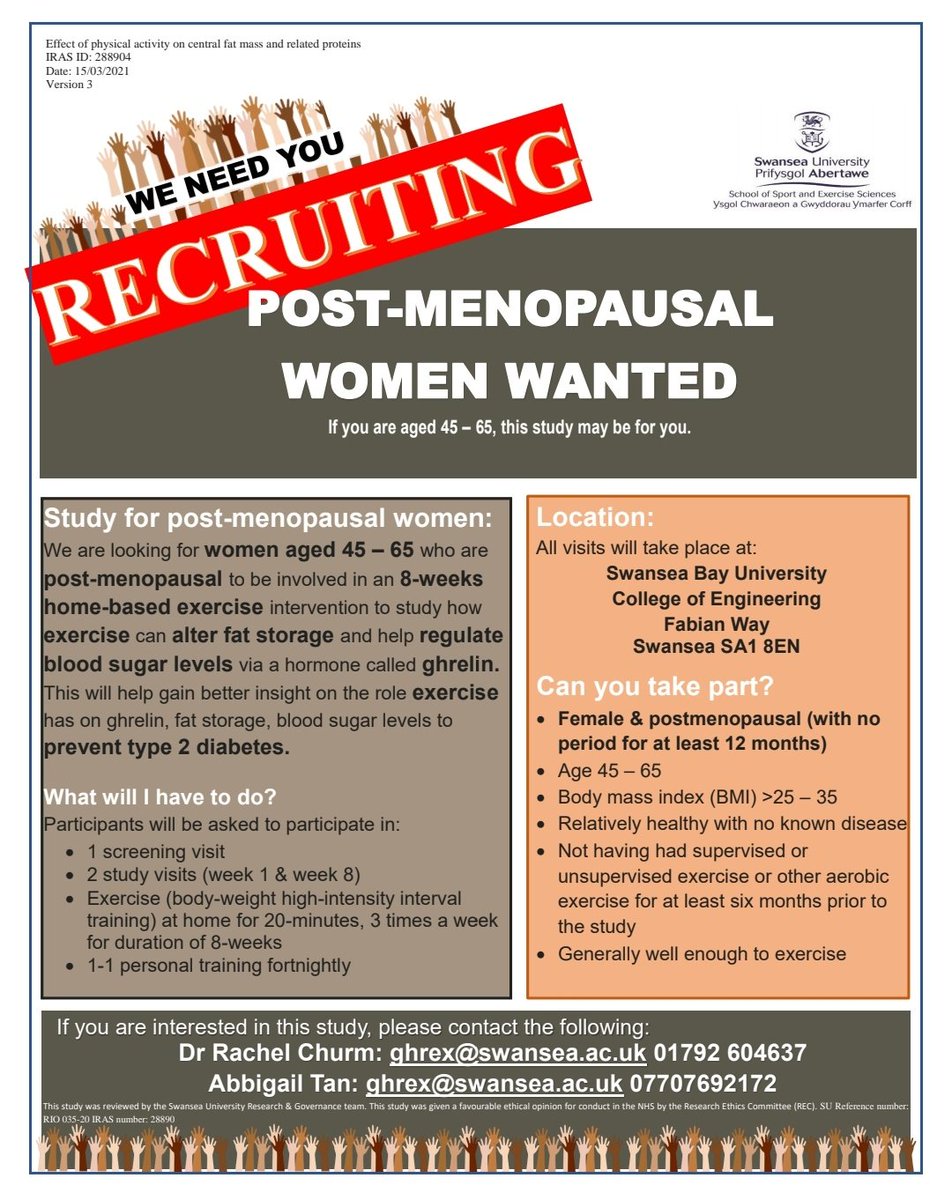 Our study is recruiting post-menopausal women aged 45-65 years of age at @SUEngineering @SUSportsScience. A poster containing further information and eligibility for this study can be found below. Please email ghrex@swansea.ac.uk or DM myself or <a href="/rachelchurm/">Rachel Churm</a>