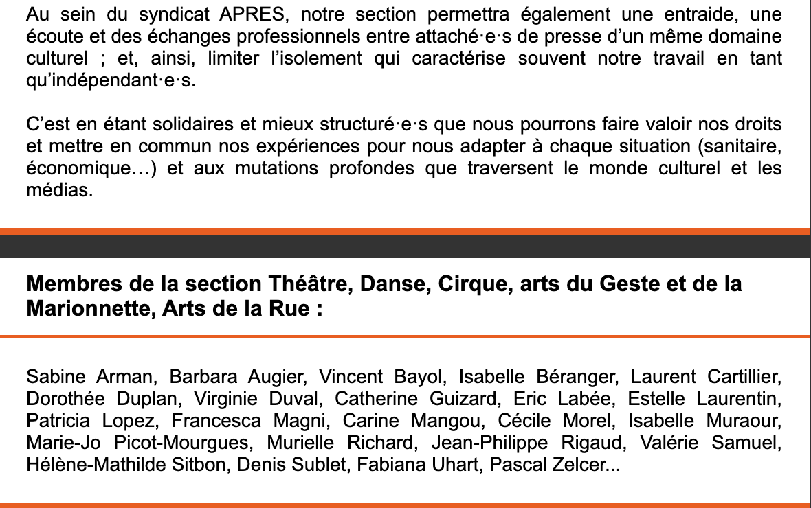ApresSyndicat's tweet photo. Communiqué ⚠️
Les attaché·e·s de presse pour le théâtre, la danse, le cirque, les arts du Geste et de la Marionnette, les arts de la rue ...rejoignent L'APRES, syndicat créé le 7 octobre dernier par les attaché·e·s de presse indépendant·e·s spécialisé·e·s en musique et culture. https://t.co/8gXO0nCA2V