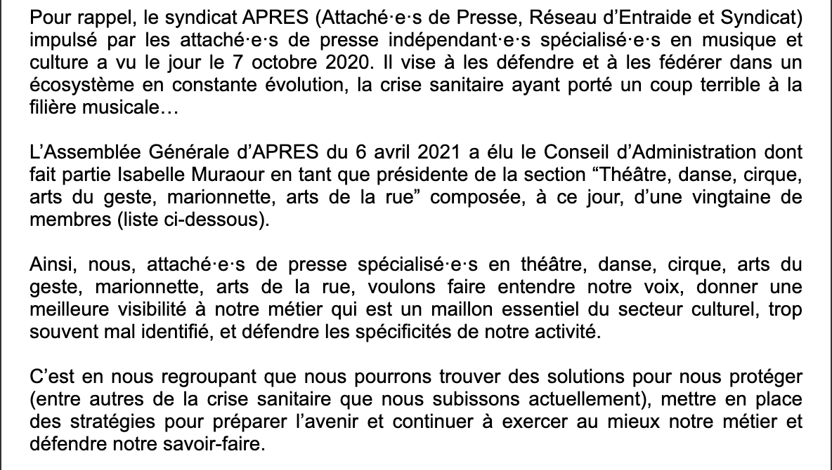 ApresSyndicat's tweet photo. Communiqué ⚠️
Les attaché·e·s de presse pour le théâtre, la danse, le cirque, les arts du Geste et de la Marionnette, les arts de la rue ...rejoignent L'APRES, syndicat créé le 7 octobre dernier par les attaché·e·s de presse indépendant·e·s spécialisé·e·s en musique et culture. https://t.co/8gXO0nCA2V