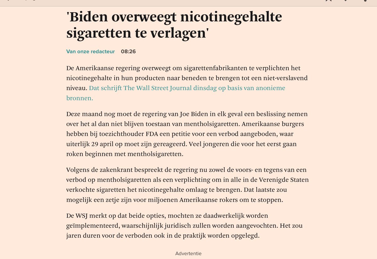 Wdekanter's tweet image. Biden @POTUS wil nicotine in sigaretten dusdanig verlagen dat geen kind die een sigaret probeert nog verslaafd raakt. 
Aandelen ⬇️

De sigaret is addictive by design
#whatdesigncando 
#endgame 
wsj.com/articles/biden…