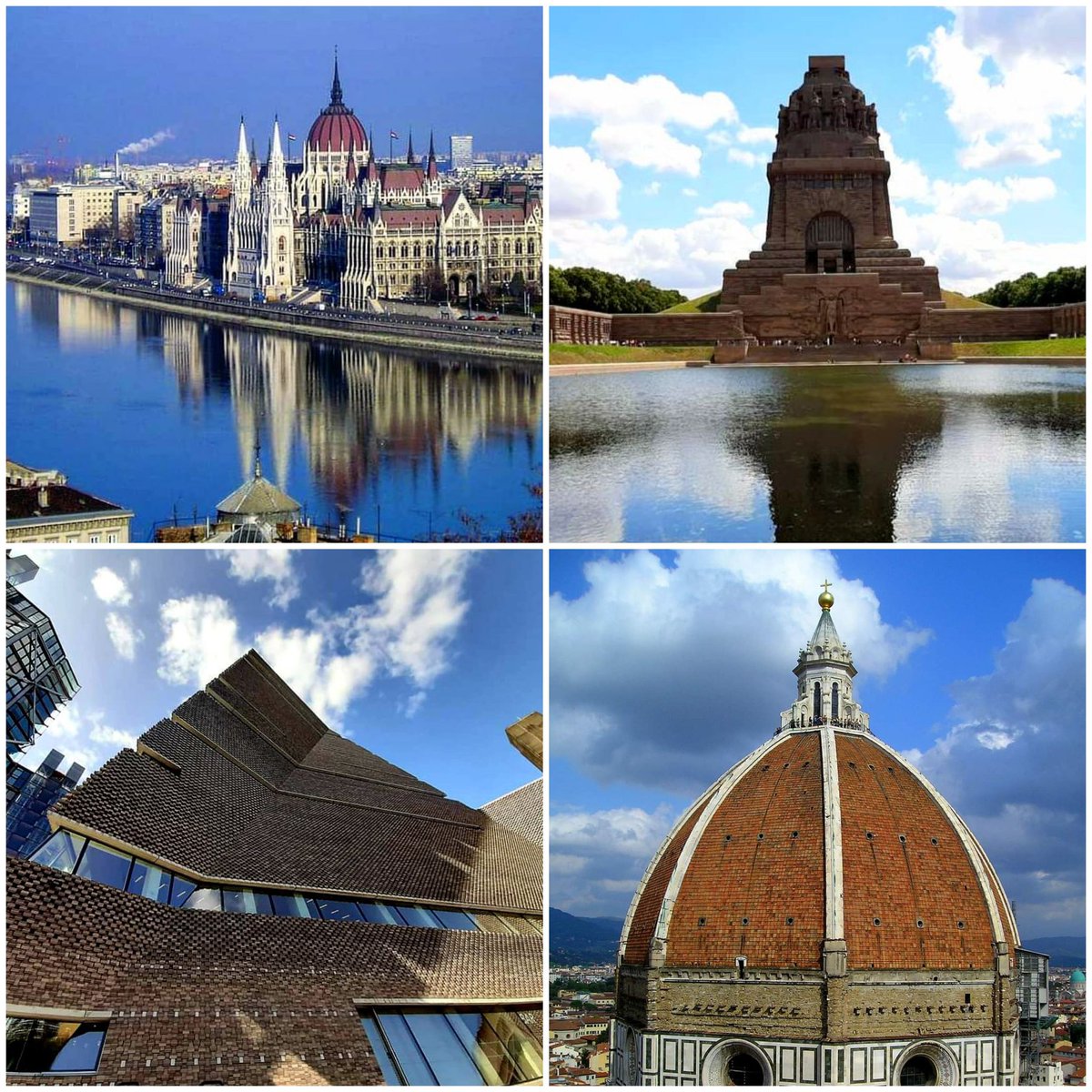 Hi 🙂
This week’s #Top4Theme is #Top4Structures 
Thx to: @Giselleinmotion @CharlesMcCool @Touchse @perthtravelers 
My entry:
↖️ #Budapest, Parliament
↗️ #Leipzig, Monument to the Battle of the Nations
↙️ #London, Tate Modern
↘️ #Firenze  Cathedral of Santa Maria del Fiore