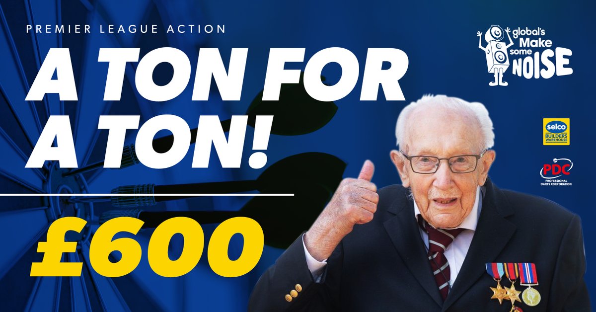 What a start to our <a href="/captaintommoore/">Captain Sir Tom Moore</a> challenge with the <a href="/OfficialPDC/">PDC Darts</a>🎯A massive six players averaging more than 100 last night, which means £600 for <a href="/makenoise/">Global's Make Some Noise</a>!

<a href="/RobCross180/">Rob Cross</a> <a href="/JoseDeSousa180/">Jose De Sousa</a> <a href="/JamesWade180/">James Wade</a> <a href="/JonnyClay9/">Jonny Clayton</a> <a href="/VandenBerghDimi/">Dimitri van den Bergh</a> <a href="/NathanAspi/">Nathan Aspinall</a>

#CaptainTom100 #PLDarts21 #Selco