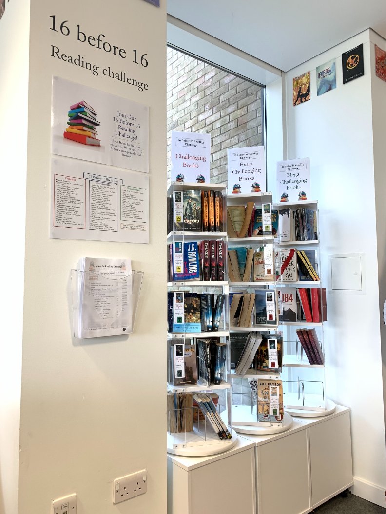 CorVermuyden's tweet photo. This term the Library has launched it 16 Before 16 Reading Challenge! Pupils have a list of 50 books and are set the task of reading 16 books before they reach the age of 16. We can’t wait to see how they get on! #16before16 #corverlibrary #loveofreading https://t.co/uN8CJ1n2N6