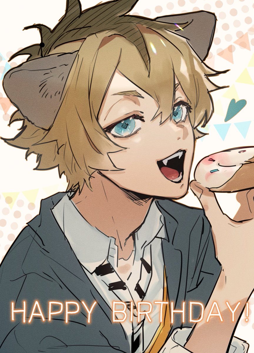 1boy male focus animal ears solo food blue eyes open mouth  illustration images