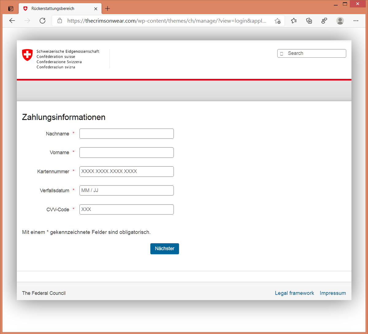 GovCERT_CH's tweet photo. Vorsicht ⚠️ Aktuell versenden Betrüger/innen gefälschte E-Mails in Namen der Schweizerischen Eidgenossenschaft🇨🇭mit dem Ziel, an Kreditkarteninformationen von Bürgerinnen und Bürger zu kommen 🪝💳 - Melden Sie Phishing-Versuche auf https://t.co/wycUJr74cJ ! https://t.co/MBzXhmwmo4