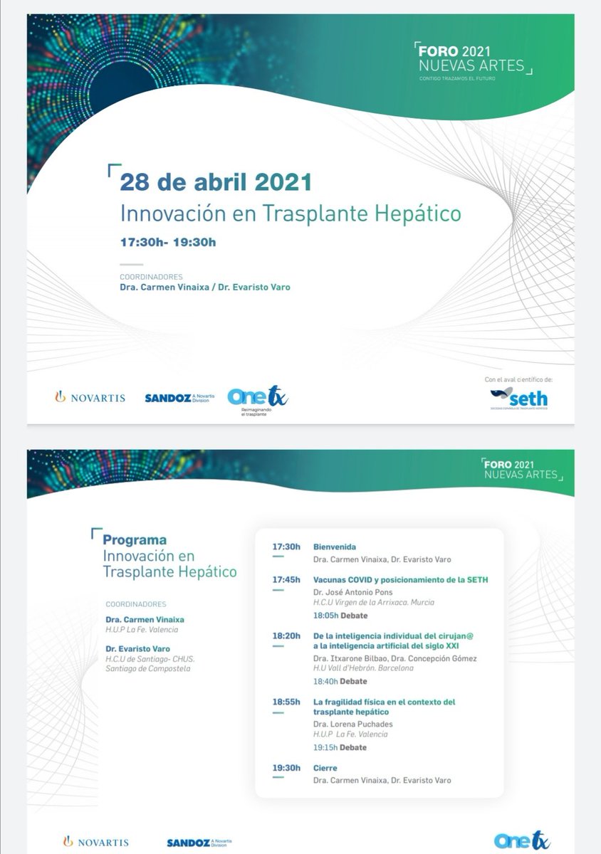 Próximo Webinar de la <a href="/SETHepatico/">SETH</a>  sobre la "Innovación en el trasplante hepático". Dentro del foro 2021 nuevas artes. Patrocinado por <a href="/NovartisSpain/">Novartis España</a>
👉 28 abril 2021 17.30h
Con fantásticos ponentes
<a href="/JoseJoseapons/">Jose Antonio Pons</a> <a href="/Dra_Itx_Bilbao/">Itxarone Bilbao</a> <a href="/vinaixac/">Carmen Vinaixa, MD, PhD</a> <a href="/evavaro/">Evaristo Varo</a> <a href="/PuchadesLorena/">Lorena Puchades</a>
¡Os esperamos!
