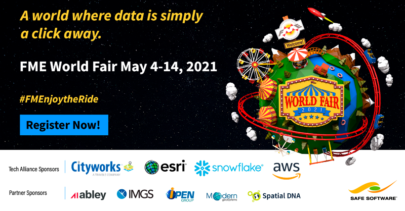 SafeSoftware's tweet photo. Where in the world can you find real experiences on data integration, networking and inspiration from leading industry experts for free?  

At the FME World Fair May 4-14.  #FMEnjoytheRide #FMEWorldFair