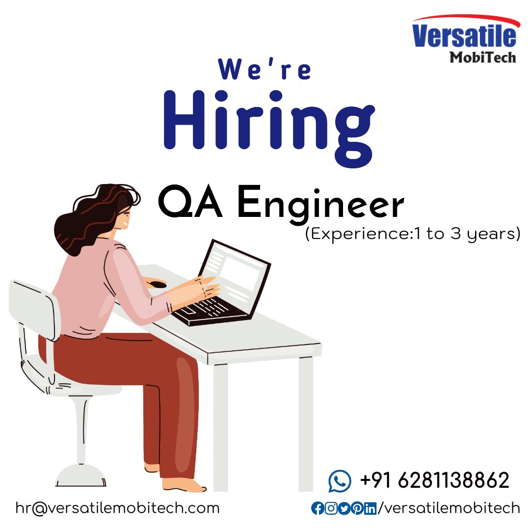 We are hiring Quality Assurance Engineer (Exp 1 to 3 yrs)

please share the profiles to: hr@versatilemobitech.com
Contact Number: +91 9701930011 and +91 6281138862

#qajobs #qaengineer #qatesting #qamanual