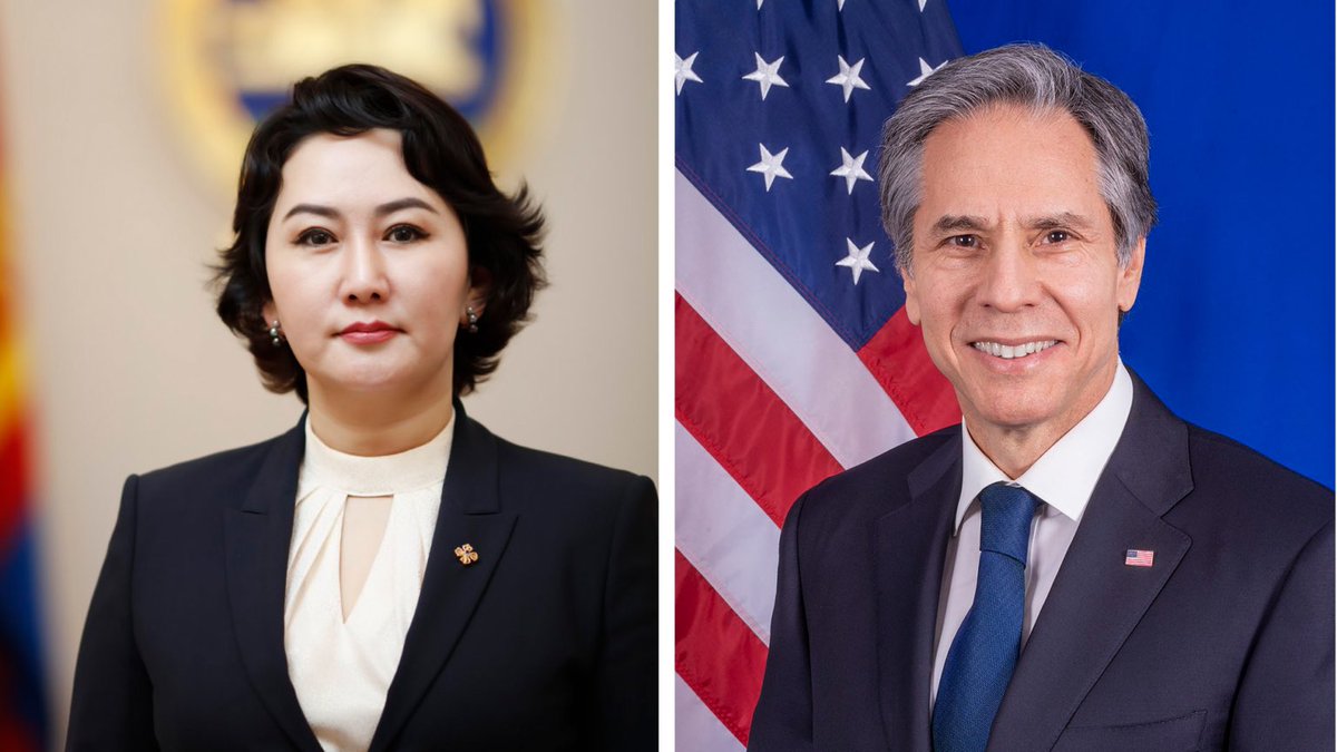 MongolDiplomacy's tweet photo. Foreign Minister @BattsetsegBatm2 spoke with United States Secretary of State @SecBlinken 🇲🇳🇺🇸
https://t.co/aYN1piYElw https://t.co/DYQStc6mk5