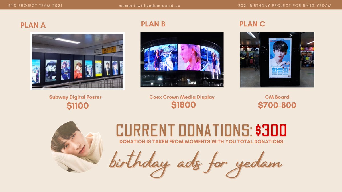 YedamNation's tweet photo. [BIRTHDAY ADS FOR YEDAM] HELP RT

Current Donations (for Ads) : $300
Deadline: 04.27
The funds we have right now are not enough to get any of these (see below). 

We are asking for your support. Help us reach the goal for at least plan C to give Yedam additional ads in SoKor. https://t.co/znLOPoDTPl