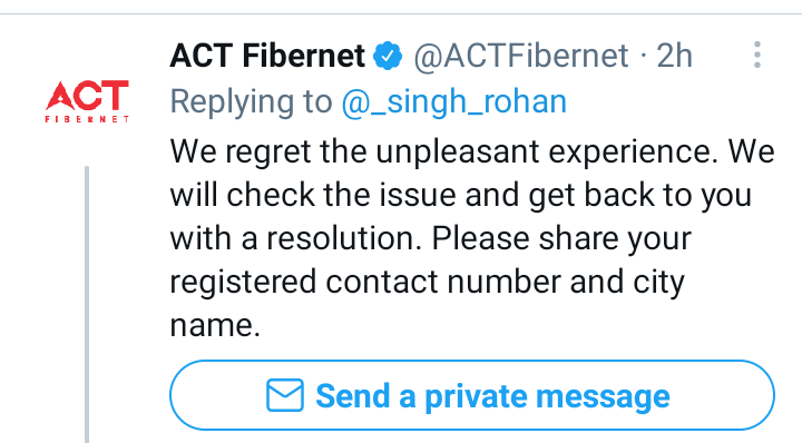 _singh_rohan's tweet photo. @ACTFibernet  you tweeter admin is also working like your customer support without any responsibility asking for reg no in personal message and no response afterwards https://t.co/DyCqQxWxgk