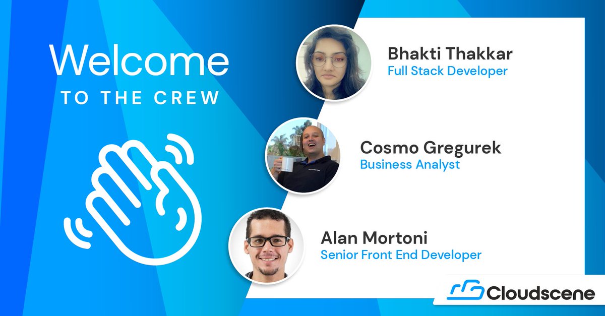 Say hello to our three newest additions to the Cloudscene Crew! Welcoming Bhakti Thakkar, Cosmo Gregurek, and Alan Mortoni.

We’re thrilled to have you!

#cloudscene #sourcesellsearch #newstarters #globaltech