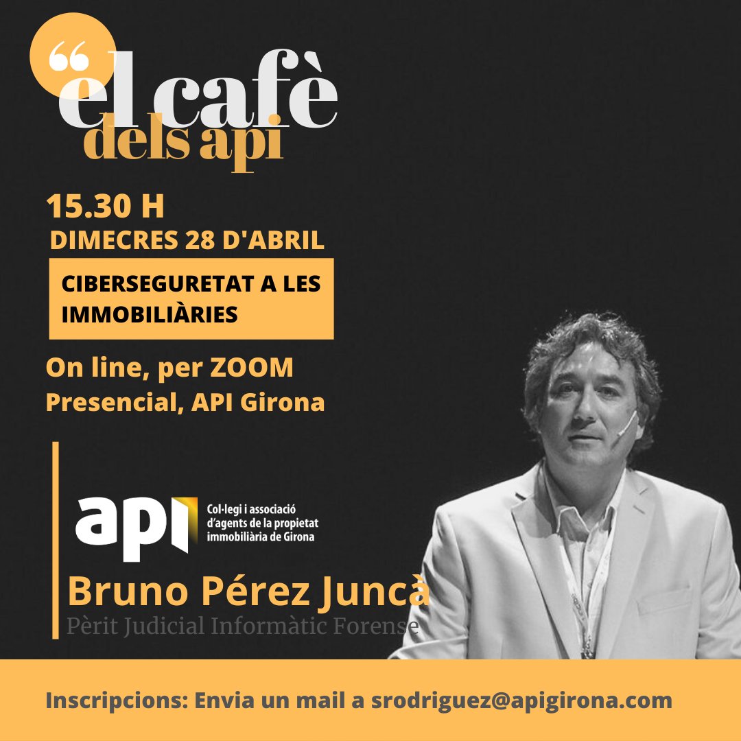 apigirona's tweet image. ☕️ Parlem de #ciberseguretat amb @BrunoPerezJunca al #cafèDelsAPI del dia 28 d&apos;abril. No t&apos;ho perdis! Prepara&apos;t el cafè i connecta&apos;t!

◼️ Dimecres, 28 abril
◼️ 15.30 h
◼️ per zoom
◼️ Inscripcions buff.ly/3dcxx6V

#elCafèDelsAPI #internet #seguretat