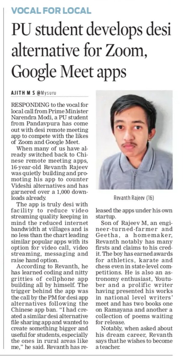 Ajith M S (@ajithms) on Twitter photo Inspired by #VocalForLocal call by <a href="/narendramodi/">Narendra Modi</a> , a PU student grom rural Panadavpura of Mandya district comes out with 'Bharat Setu' , a desi alternative for zoom and Google meet apps
<a href="/XpressBengaluru/">TNIE Karnataka</a> <a href="/_DigitalIndia/">Digital India</a> <a href="/drashwathcn/">Dr. C.N. Ashwath Narayan</a> <a href="/sumalathaA/">Sumalatha Ambareesh 🇮🇳 ಸುಮಲತಾ ಅಂಬರೀಶ್</a> <a href="/startupindia/">Startup India</a> <a href="/NITIAyog/">NITI Aayog</a> Inspired by #VocalForLocal call by <a href="/narendramodi/">Narendra Modi</a> , a PU student grom rural Panadavpura of Mandya district comes out with 'Bharat Setu' , a desi alternative for zoom and Google meet apps
<a href="/XpressBengaluru/">TNIE Karnataka</a> <a href="/_DigitalIndia/">Digital India</a> <a href="/drashwathcn/">Dr. C.N. Ashwath Narayan</a> <a href="/sumalathaA/">Sumalatha Ambareesh 🇮🇳 ಸುಮಲತಾ ಅಂಬರೀಶ್</a> <a href="/startupindia/">Startup India</a> <a href="/NITIAyog/">NITI Aayog</a>