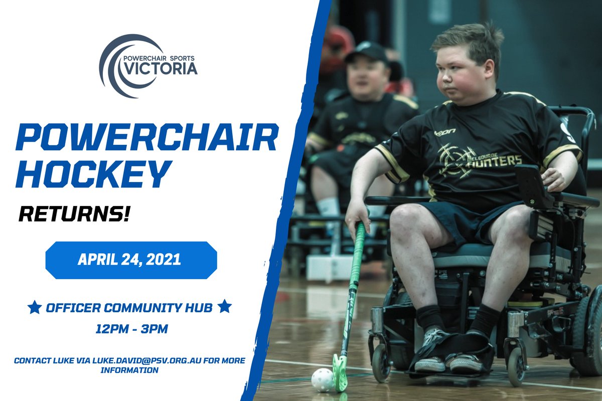 We are excited to announce that we will be returning to #PowerchairHockey this coming Saturday at Officer Community Hub for a training and social event!

This Saturday will mark 566 days since our last powerchair hockey session in Victoria 🙌
