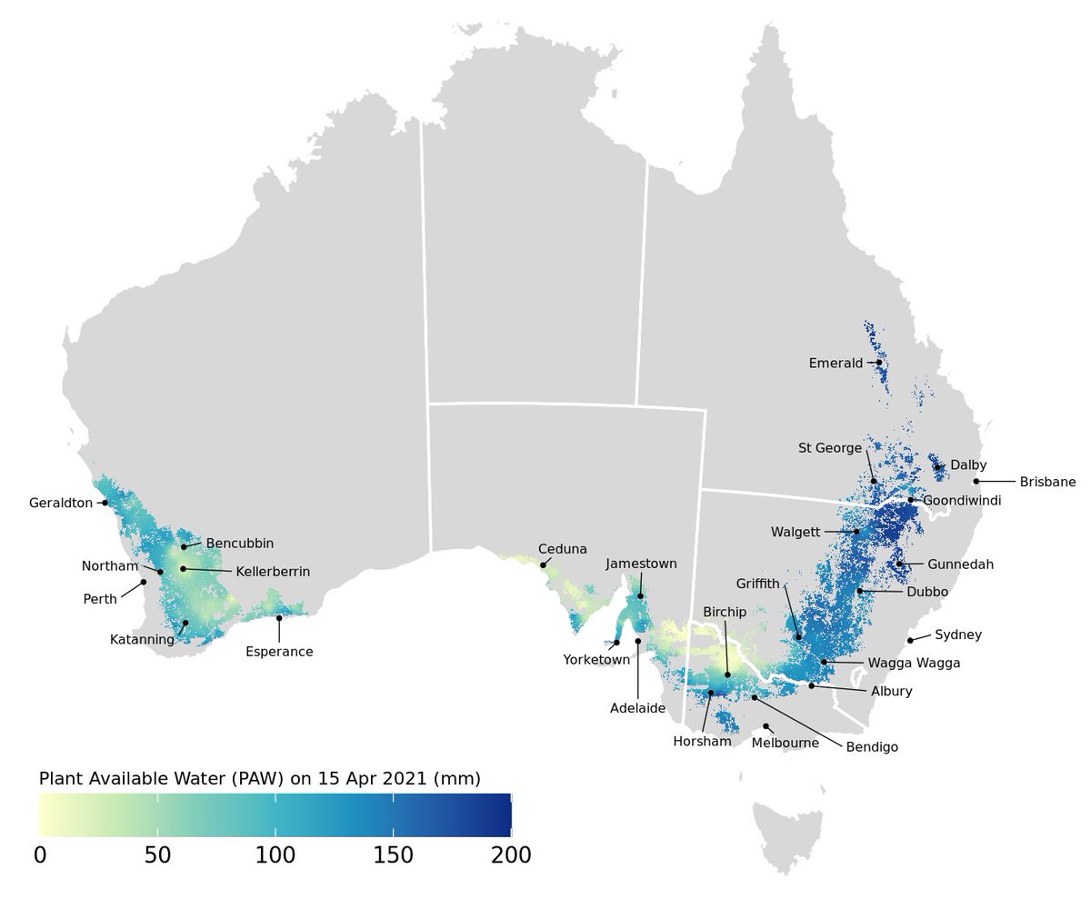 It's the 20th of April, so time to start tweeting the #CSIRO #Graincast wheat yield forecasts for 2021! We've added a few bells and whistles for this season: maps of soil water, water-limited yield forecast (see map) and their uncertainty as well as state specific forecasts.