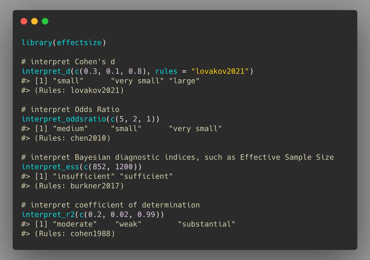 Next to statistical significance, we are often interested in the practical relevance of an effect.

The {interpret_} function family from {effectsize} 📦 provides such interpretation guidelines, which can differ across disciplines 📏

easystats.github.io/effectsize/ref…

#rstats #DataScience