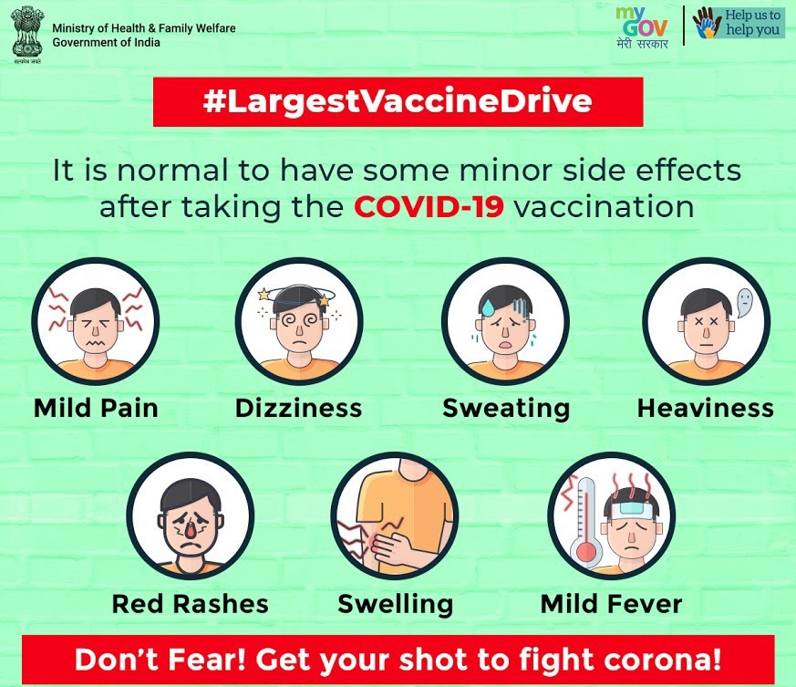 Some minor side effects are normal after getting the #COVID19 vaccine, but the benefits of taking a vaccine far outweigh the risks.

 If eligible, register for #COVIDVaccine through cowin.gov.in or <a href="/SetuAarogya/">Aarogya Setu</a>

#PIBKochi <a href="/KirenRijiju/">Kiren Rijiju</a> <a href="/BSF_India/">BSF</a> <a href="/GMSRailway/">Southern Railway</a> <a href="/cgstcustvm/">CGST & Customs Thiruvananthapuram Zone</a>