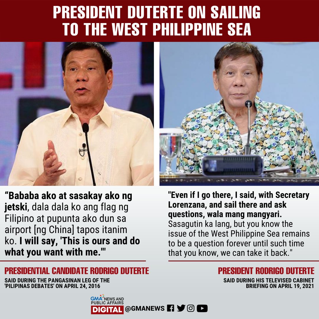 gmanews's tweet photo. Sinabi ni Pangulong Duterte na gusto man daw niyang pumasok sa Spratly Islands sa West Philippines Sea ay ano naman daw ang makakamit nito.

Matatandaang isa sa mga ipinangako ni Duterte noong #Eleksyon2016 ay magje-jet ski siya doon upang maipakitang sakop ito ng Pilipinas. https://t.co/vgrHUsKUlC