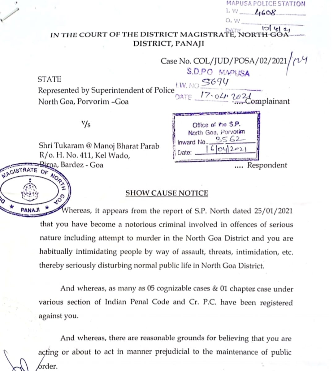 Shree_parab18's tweet photo. This is how scared the CM of Goa is. New Tadipar notice served to Manoj Parab. https://t.co/wZhLp4rPjd