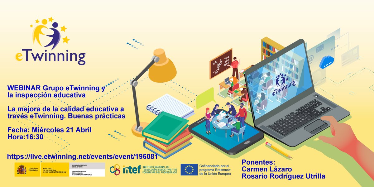 eTwinning_es's tweet photo. 🔎¿Quieres mejorar la calidad educativa en tu centro a través de un proyecto #eTwinning? No te pierdas el próximo webinar del grupo de eTwinning de Inspección Educativa 

📅 Mañana, 21 de abril a las 16:30h.  #inspeccióneducativa 

🔗https://t.co/voc8JTkK5v https://t.co/AvnqdRuMof