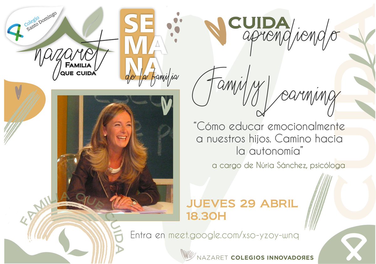 Csdomingo's tweet photo. ¡Nuevo encuentro de formación para familias #FamilyLearning! @nusapove nos hablará de cómo educar emocionalmente a nuestros hijos para crecer en autonomía. 📆 El jueves 29 de abril a las 18.30h tienes una cita. ¡Te esperamos! #FamiliaQueCuida #TripodeLearning #SemanaDeLaFamilia https://t.co/e2uT6Of6Ee