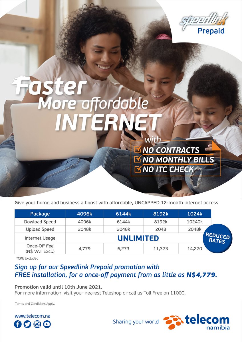 TelecomNamibia's tweet image. Sign up for our Speedlink Prepaid promotion with FREE installation, for a once-off payment from as little as N$4,779.

✔️No contract
✔️No Monthly Bills 
✔️No ITC Check

Promotion valid until 10th June 2021.
#speedlink #internet #TelecomNamibia #Newway