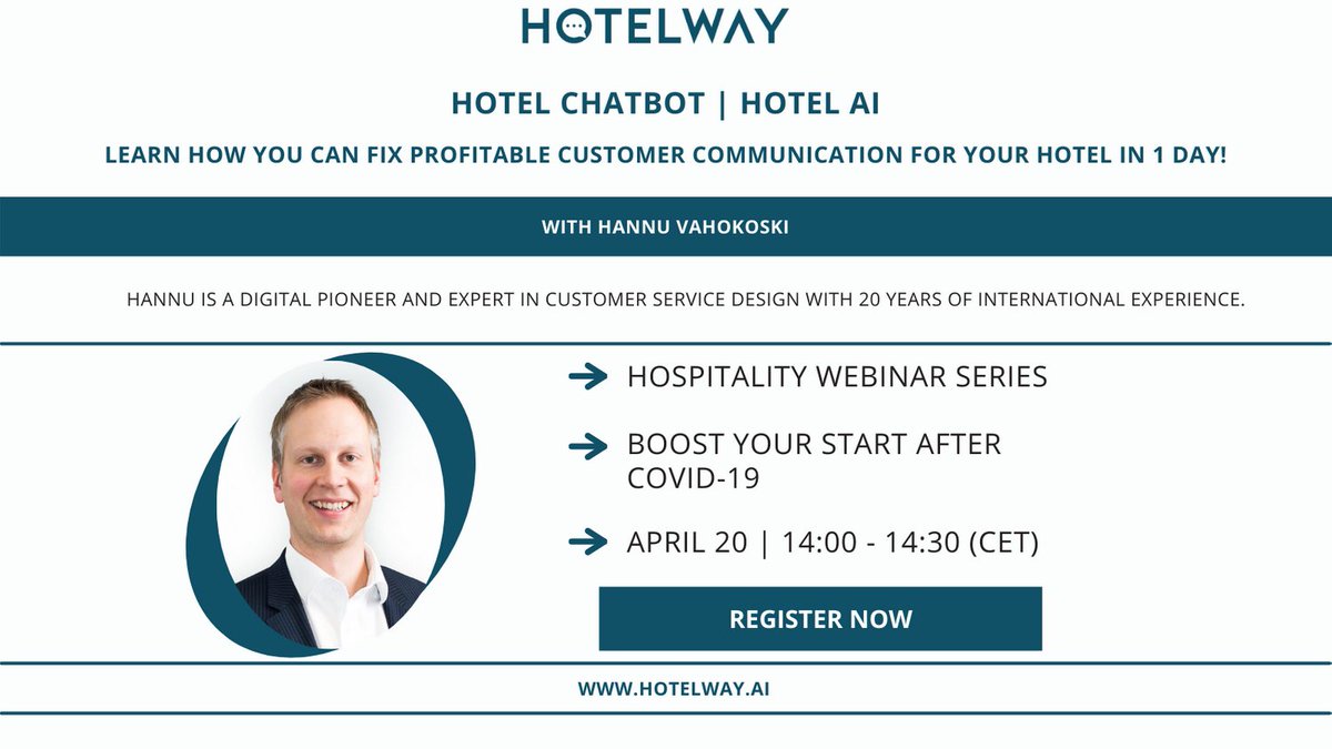 ⏰ Haven't you registered for our webinar yet? You still can!

📅 Today April the 20th at 14:00 - 14:30 (CET).

🛎️ Register now! hotelway.ai/join-us-in-our…

#hotelway #chatbots #hospitalitytechnology #hotels #hotelchatbot #hospitalityindustry #hoteliers #webinar