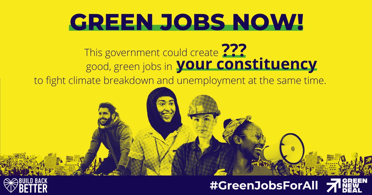Tackling the climate crisis and building a fair economy will require millions of jobs in every part of the country.

But how many of those jobs are near you?

Find out and share with your MP:

➡️greennewdealuk.org/campaigns/gree…