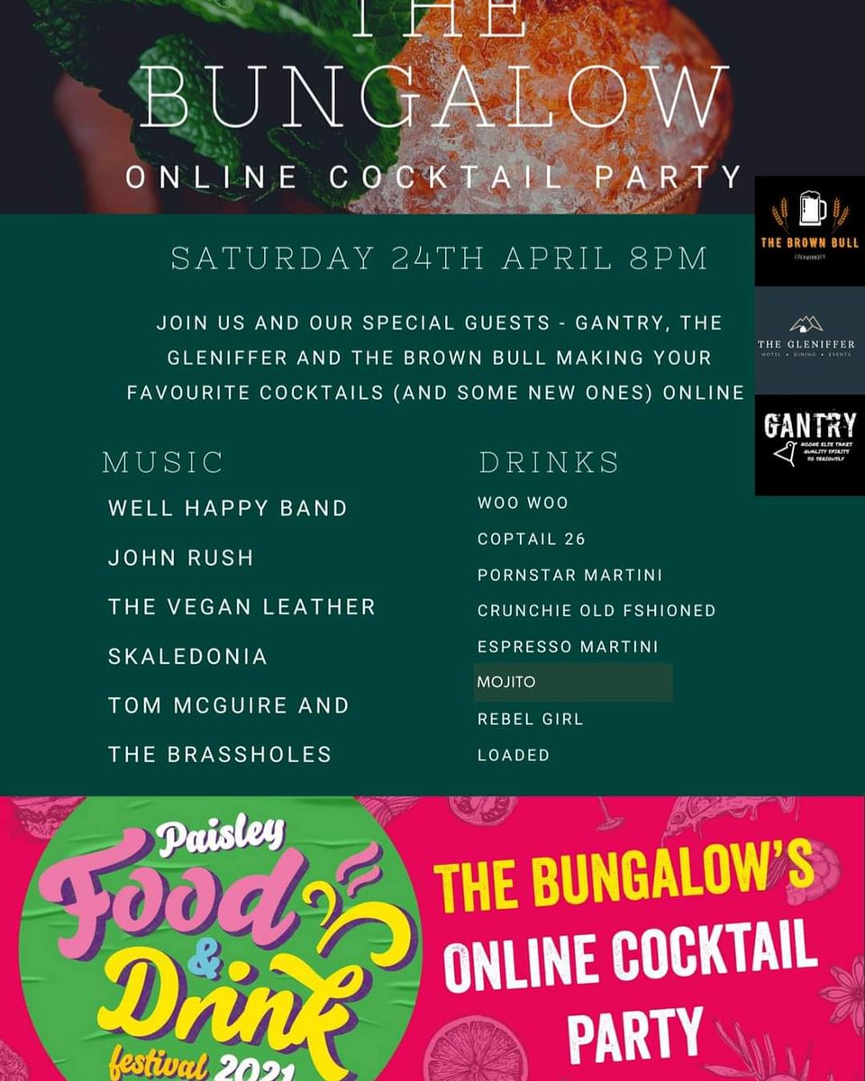 This Saturday at 8pm.  
Join <a href="/thebungalow/">janice pask</a> online cocktail party for free.. 
Music and making your favourite cocktails with <a href="/Brownbullloch/">The Brown Bull</a> <a href="/GantryPaisley/">Gantry Paisley</a>  @thegleniffer