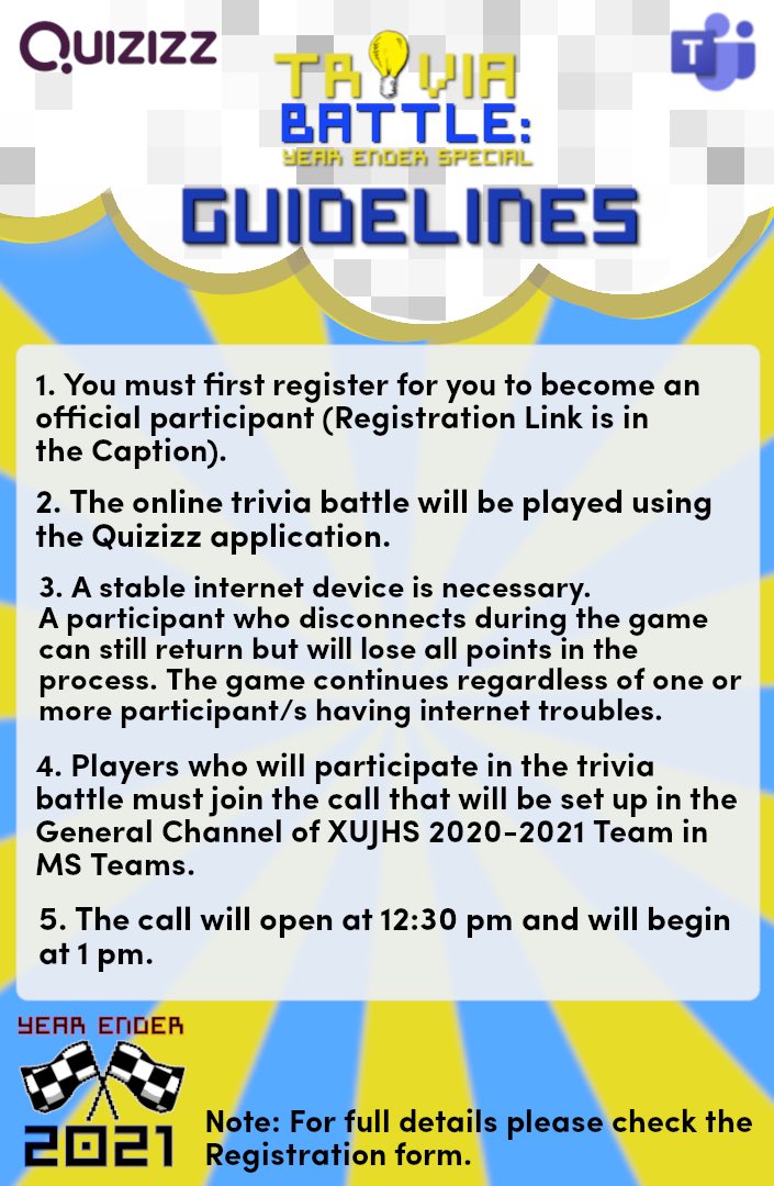 lclcdiesinuebe's tweet image. Let’s gather for more fun with a trivia battle! Ateneans, are you ready to accept the battle?🧐

For full details please check the Registration form: bit.ly/TriviaBattleRe…

#SchoolYearEnder2021
#TriviaBattle