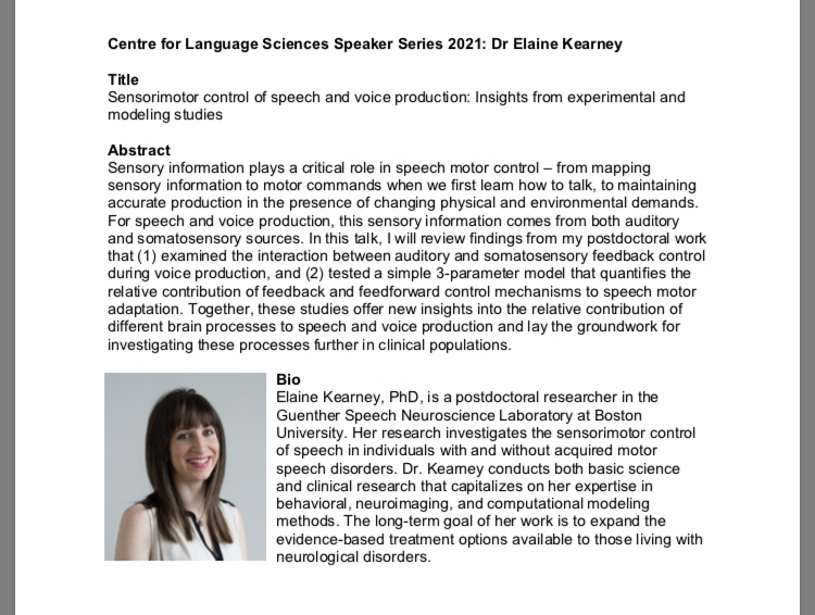 Centre for Language Sciences MQ (@clasmq) on Twitter photo At the online CLaS research seminar Thurs 22 April at 9.30am, <a href="/ek_kearney/">Elaine Kearney</a> from <a href="/GuentherLab/">Guenther Lab</a> will present on 'Sensorimotor control of speech and voice production: Insights from experimental and modeling studies'. mq.edu.au/research/resea… At the online CLaS research seminar Thurs 22 April at 9.30am, <a href="/ek_kearney/">Elaine Kearney</a> from <a href="/GuentherLab/">Guenther Lab</a> will present on 'Sensorimotor control of speech and voice production: Insights from experimental and modeling studies'. mq.edu.au/research/resea…